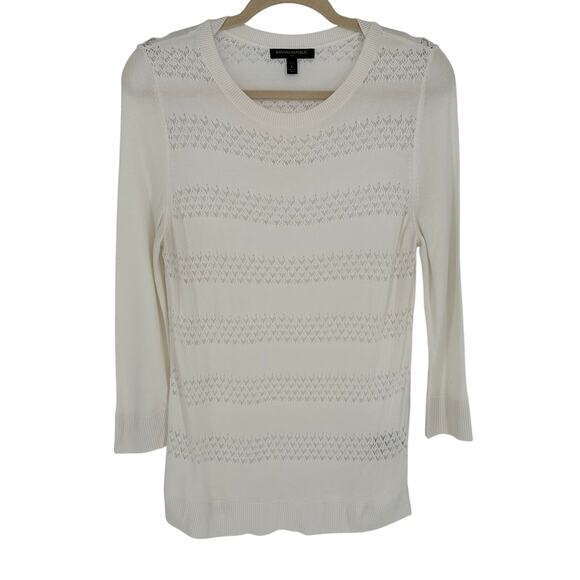 Banana Republic White Open-Knit Crew Neck Sweater Breathable Winter Comfort LP - Picture 1 of 6